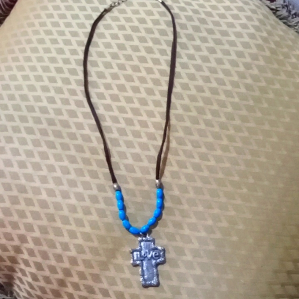 Love cross blue beads suede strap